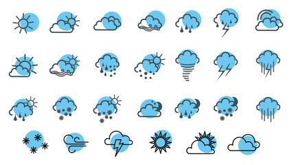 Obraz premium Weather icons. Weather forecast icon set. Clouds logo. Weather , clouds, sunny day, moon, snowflakes, wind, sun day. Vector illustration.