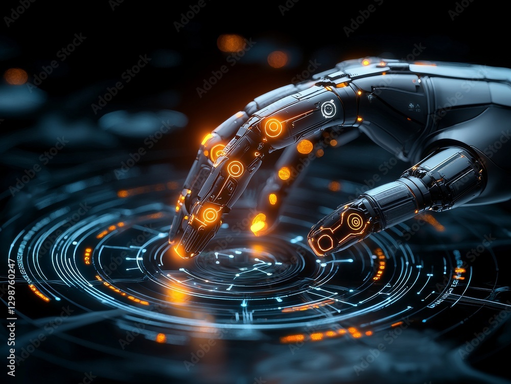 Aufkleber futuristic robotic hand interaction digital realm technology concept interactive environment close-u