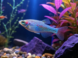 Fototapeta premium A celestial pearl danio, its speckled body glowing under soft, colorful underwater lighting
