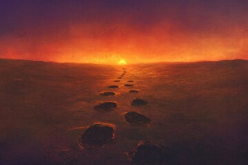 Footsteps lead toward a vibrant sunset over a tranquil landscape at dusk. Generative AI