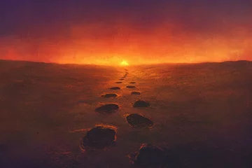 Fototapete Footsteps lead toward a vibrant sunset over a tranquil landscape at dusk. Generative AI © Anat art