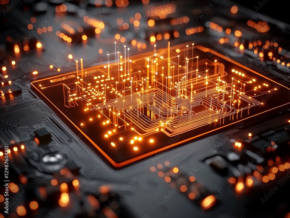 Poster illuminated microchip circuit board technology lab digital artwork futuristic environment close-up v