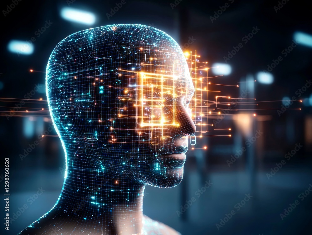 Poster futuristic ai head digital network virtual arena 3d visualization high-tech environment close-up adv