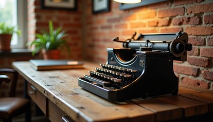 Vintage typewriter on rustic desk in warm office setting, creative inspiration