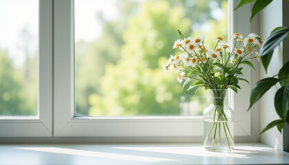 Fototapeta premium Tranquil flower vase on bright windowsill, peaceful ambiance