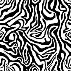 Abstract black and white pattern, fluid organic shapes, swirling lines, zebra-like stripes, psychedelic design