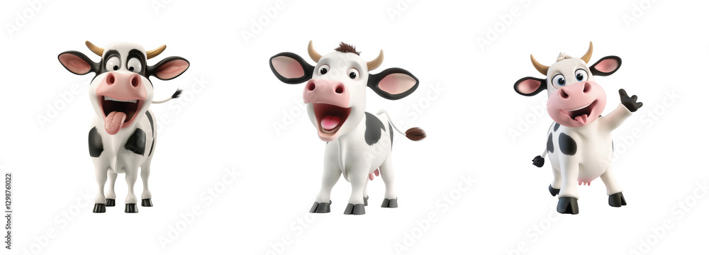 Aufkleber three animated cows expressing joy in different poses with playful and cheerful expressions
