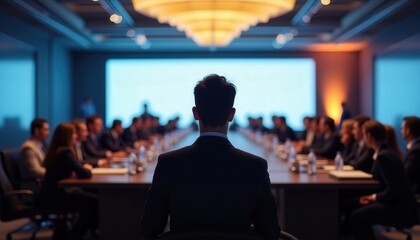 Participants engage in a strategic meeting within a modern conference room in the evening, showcasing diverse professionals collaborating on key business decisions