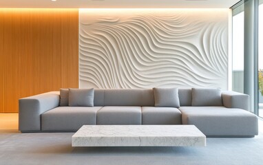 Modern elegant living room, oversized smoky gray fluffy wool sofa, sculptural silver toned wooden accent wall with abstract carved texture, floating marble