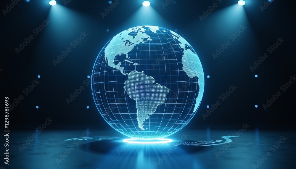 Poster futuristic holographic globe displaying animated data patterns, technology