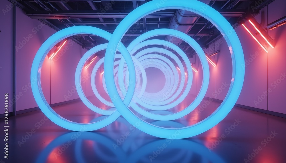 Poster glowing translucent rings creating tunnel effect in misty environment, illumination
