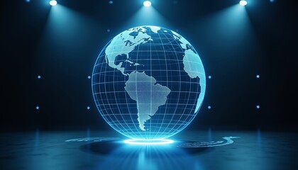 Futuristic holographic globe displaying animated data patterns, technology