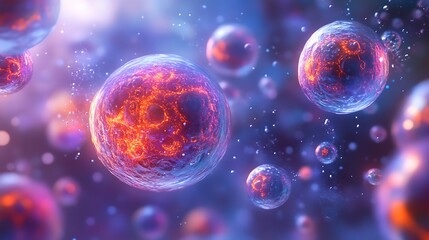 Naklejka premium Vibrant Glowing Cells in Microscopic View, A vibrant digital illustration of glowing cells in a microscopic view