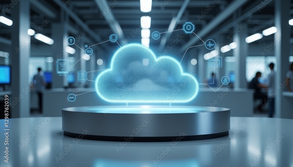 Poster high-tech cloud access point displaying data streams in modern lab, innovation