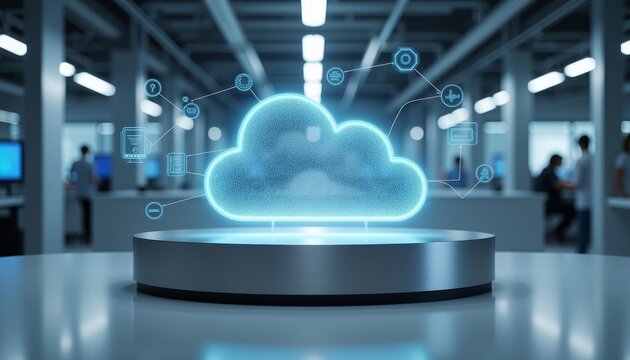 High-tech cloud access point displaying data streams in modern lab, innovation