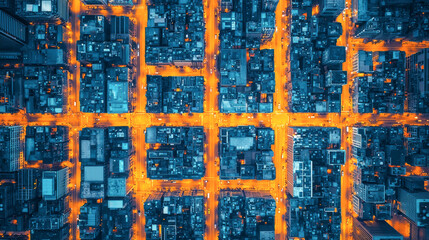 Aerial view of a bustling city with vibrant streets illuminated by lights at night.