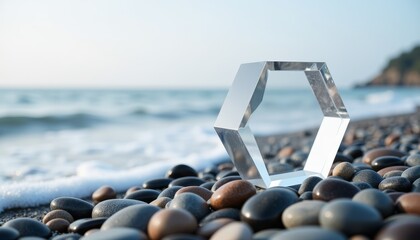 Acrylic hexagon resting on pebble beach with gentle waves, tranquility