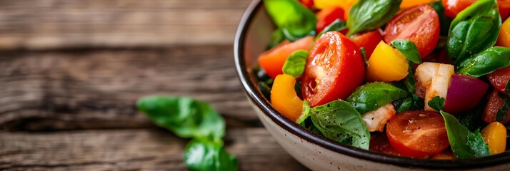A bowl of salad with tomatoes and basil