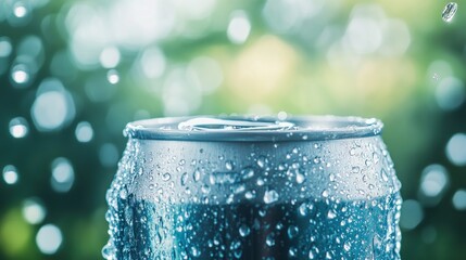 Close-up of a cold, sweating aluminum can against a blurred green background.