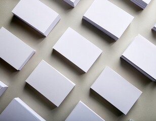 Stacks of blank business cards arranged on a light surface during a creative session, mockup