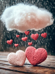 Romantic woolen hearts under dreamy rain