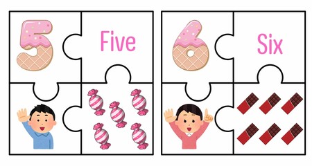 Number puzzles for children's education.Cut along the lines to form a jigsaw puzzle.