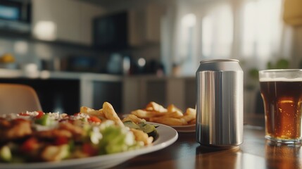 Close-up of a silver can next to a meal and drink on a kitchen table.