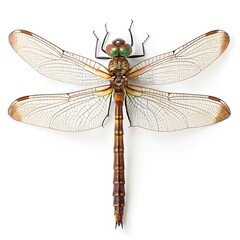 Exquisite 8K Macro Photography of a Dragonfly: Transparent Wings, Long Body, and Intricate Eye Details on White Background