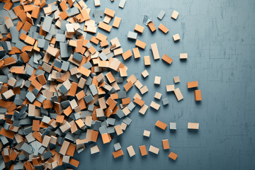 Colorful abstract shapes scattered on a blue surface, ideal for creative backgrounds.