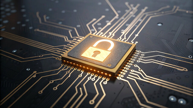 Glowing Padlock Symbol on Computer Chip for Data Protection