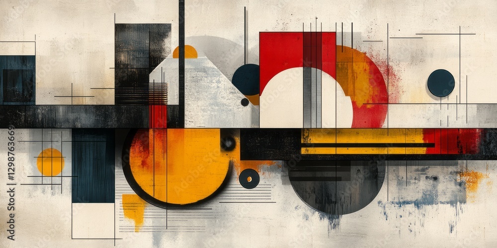 Poster abstract geometric painting featuring circles squares and linear elements