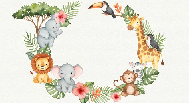 Colorful Animal Parade with Tropical Plants in a Whimsical Watercolor Design