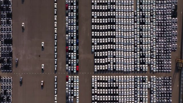 Auto stockyard at logistics port for shipment, Thailand. High quality 4k footage