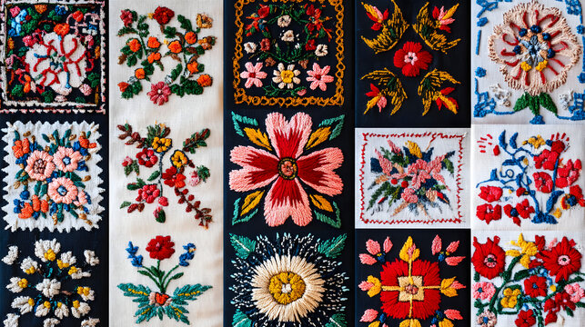 
A collage of traditional Ukrainian embroidery patterns from different regions, high-resolution textures