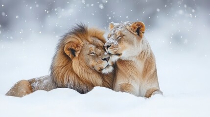 Lions lovingly cuddle during winter in a snowy field to depict animal warmth and affection
