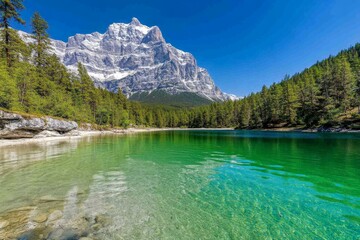 A crystal-clear alpine lake reflecting the surrounding snow-capped mountains