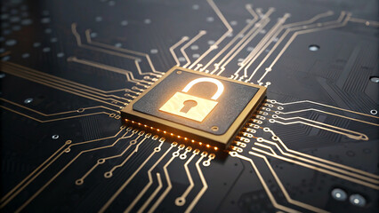 Glowing Lock Icon on Microprocessor Circuit Board
