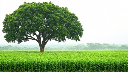 Lone tree in misty cornfield, peaceful landscape