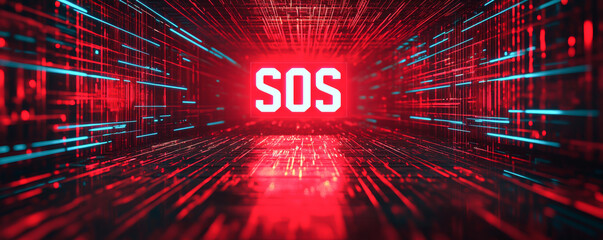 Digital SOS signal amidst glowing red and blue lines, representing urgency and communication.