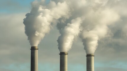 industrial scene showcasing multiple coal power plant smokestacks expelling dense smoke into the sky  The landscape is filled with pollution