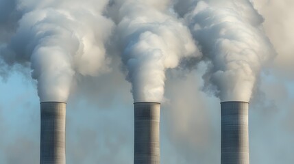 Dramatic environmental scene of multiple coal fired power plants with massive smokestacks discharging thick toxic fumes into the sky  The pollution clouds blend into the horizon
