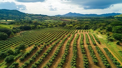 Aerial View of Lush Green Plantation with Rows of Palm Trees