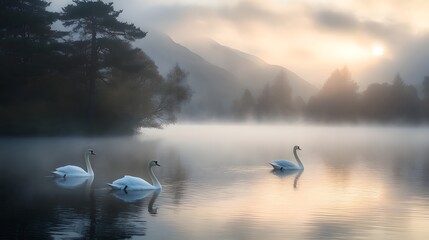 Fototapeta premium Serene Swans Gliding Effortlessly in a Misty Tranquil Scene