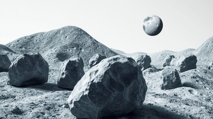 Lunar landscape with large rocks and a distant planet.  Possible stock photo use