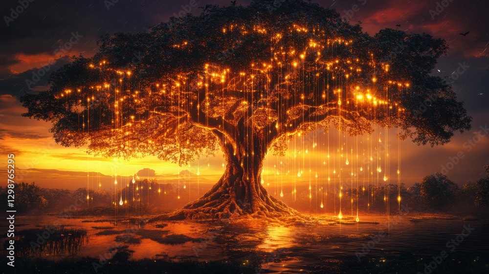 Poster Majestic tree illuminated by glowing lights at sunset near tranquil water in a serene landscape. Generative AI