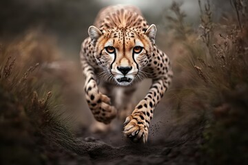 Fototapeta premium Cheetah in Natural Habitat: Elegant Predator Displaying Speed and Grace on the African Savanna