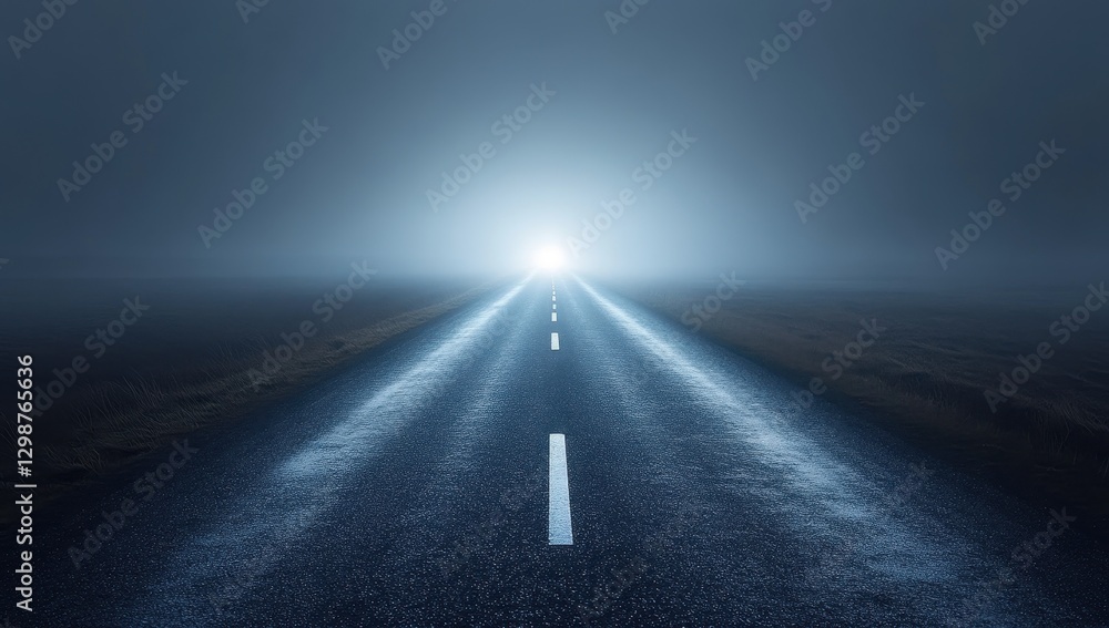 Poster mysterious road ahead with fog and bright light creating an eerie atmosphere of unknown journey and 