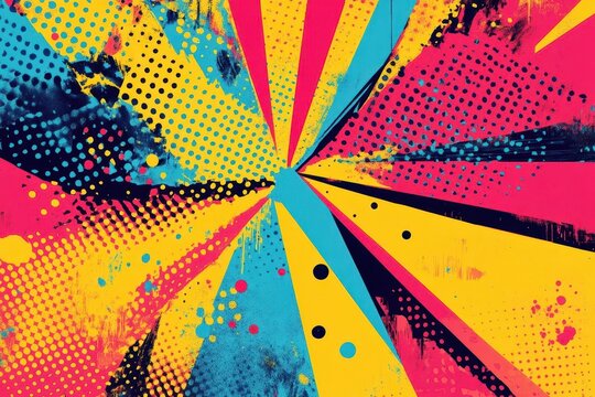 a vibrant pop art background with explosive splashes of primary colors, geometric patterns, and halftone dots creating dynamic visual tension, perfect for advertisements or comic-inspired designs