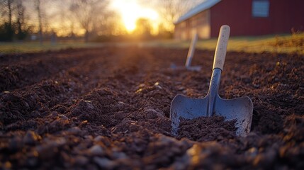 Shovel planted in cultivated soil rows in a farm field at sunrise with barn background