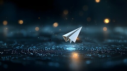 A stunning sci fi inspired cosmic vision showcasing planet Earth gently floating in deep space radiating soft golden energy  A white paper airplane flies in orbit